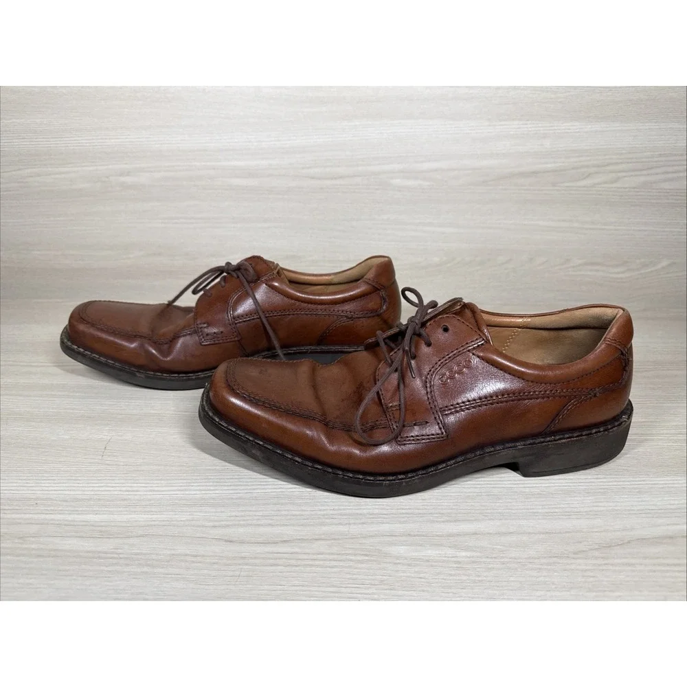 Ecco Mens Size 44 Extra Width Brown Leather Shock Point Oxford‎ Dress Shoes Lace